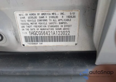 2001 Honda Accord Sdn Lx z USA, uszkodzony, nr VIN 1HGCG56421A123022